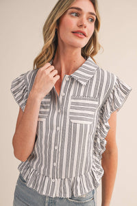 Striped Button Down Top With Scalloped Lace Trim