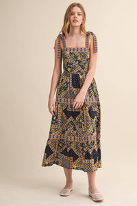 Exclusive Floral Patchwork Tie Strap Midi Dress
