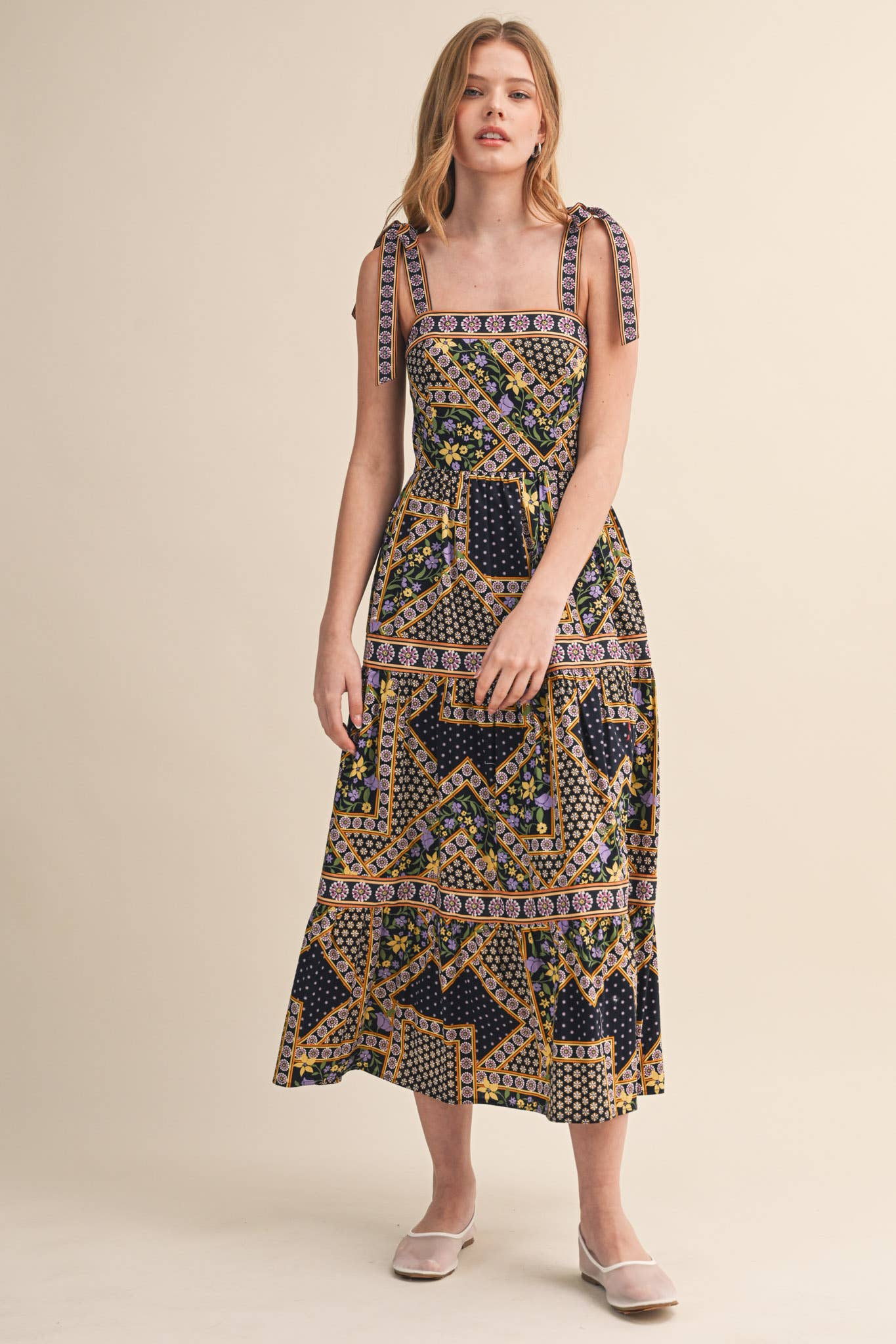 Exclusive Floral Patchwork Tie Strap Midi Dress
