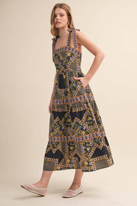 Exclusive Floral Patchwork Tie Strap Midi Dress