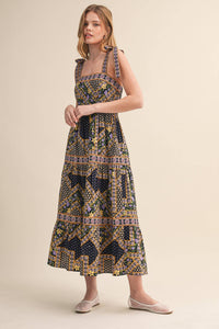 Exclusive Floral Patchwork Tie Strap Midi Dress