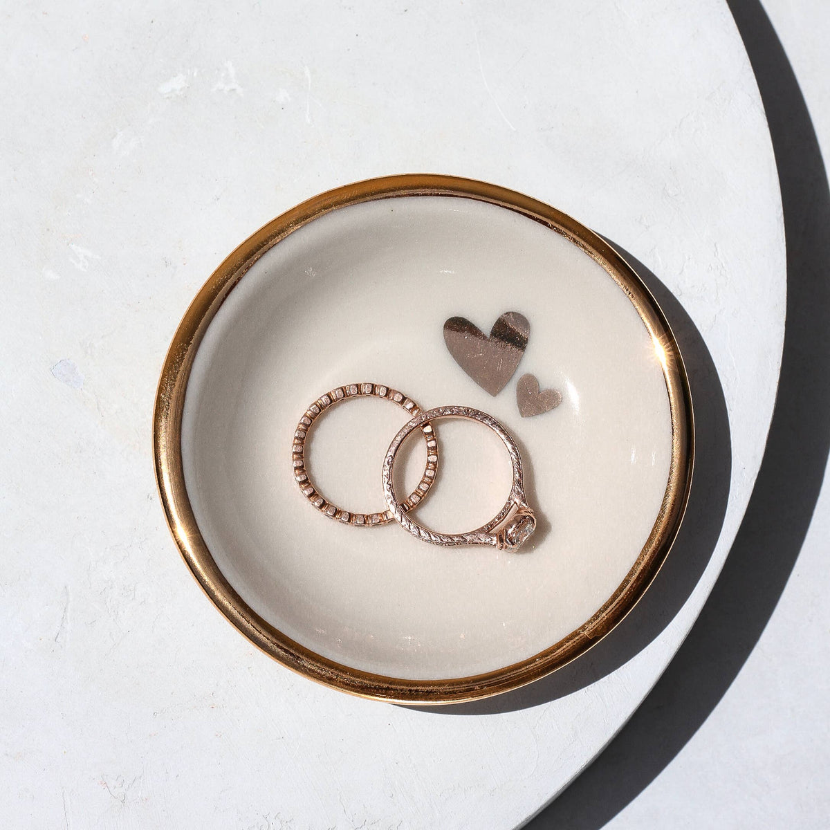 Double Heart Ring Dish | Handmade pottery with Gold