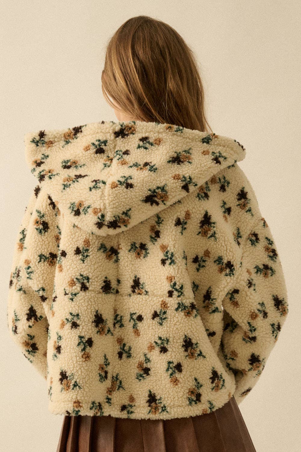 Floral Sherpa Fleece Hooded Zip-Up Jacket