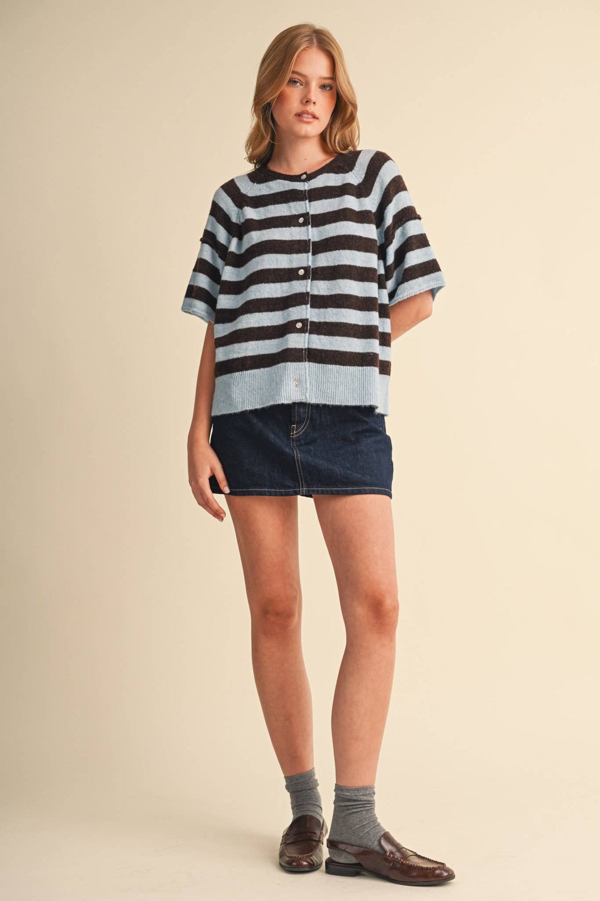 Striped Short Sleeve Sweater Caridgan