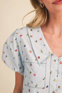 Embroidered Floral Bubble Sleeve Button Down Top