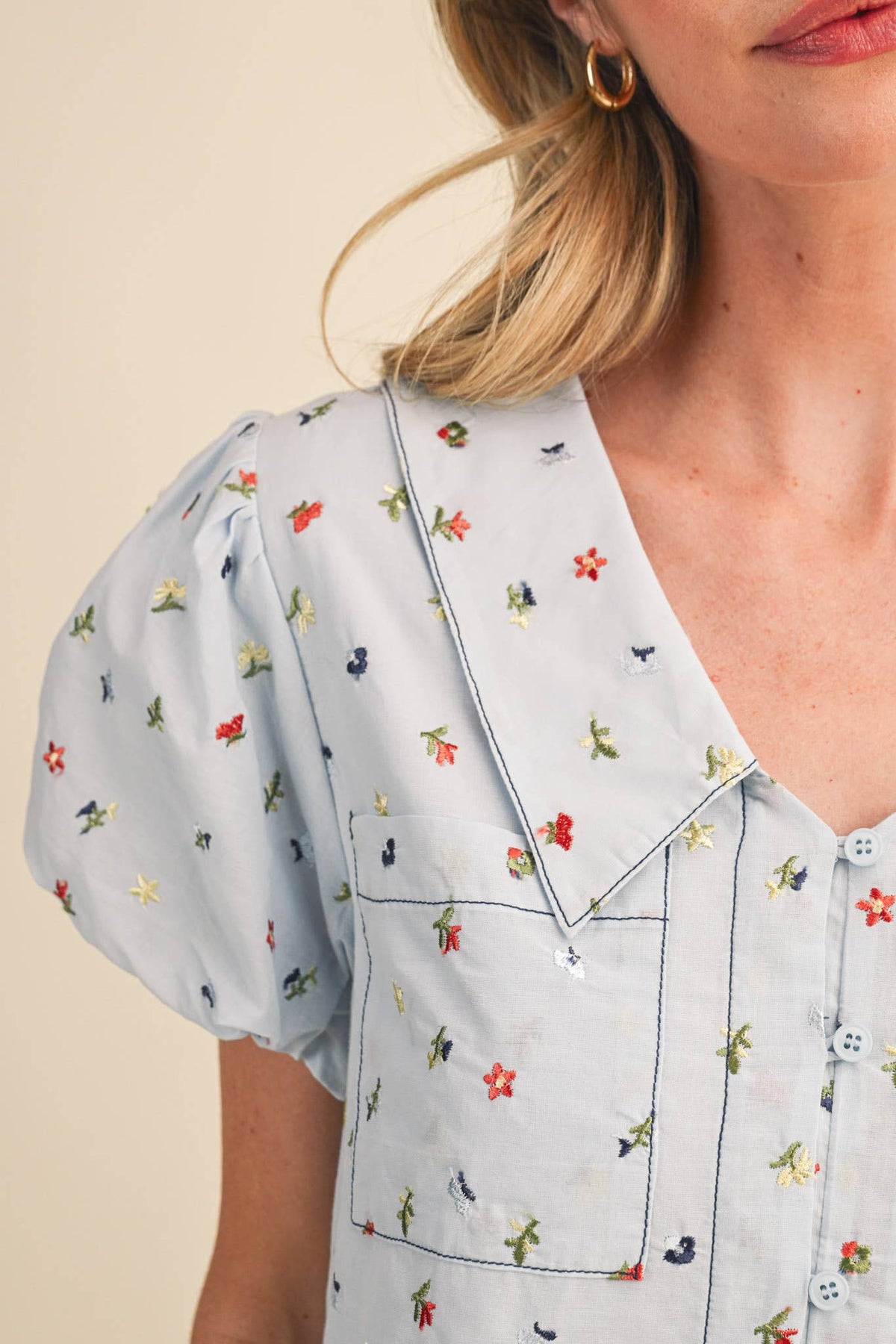 Embroidered Floral Bubble Sleeve Button Down Top