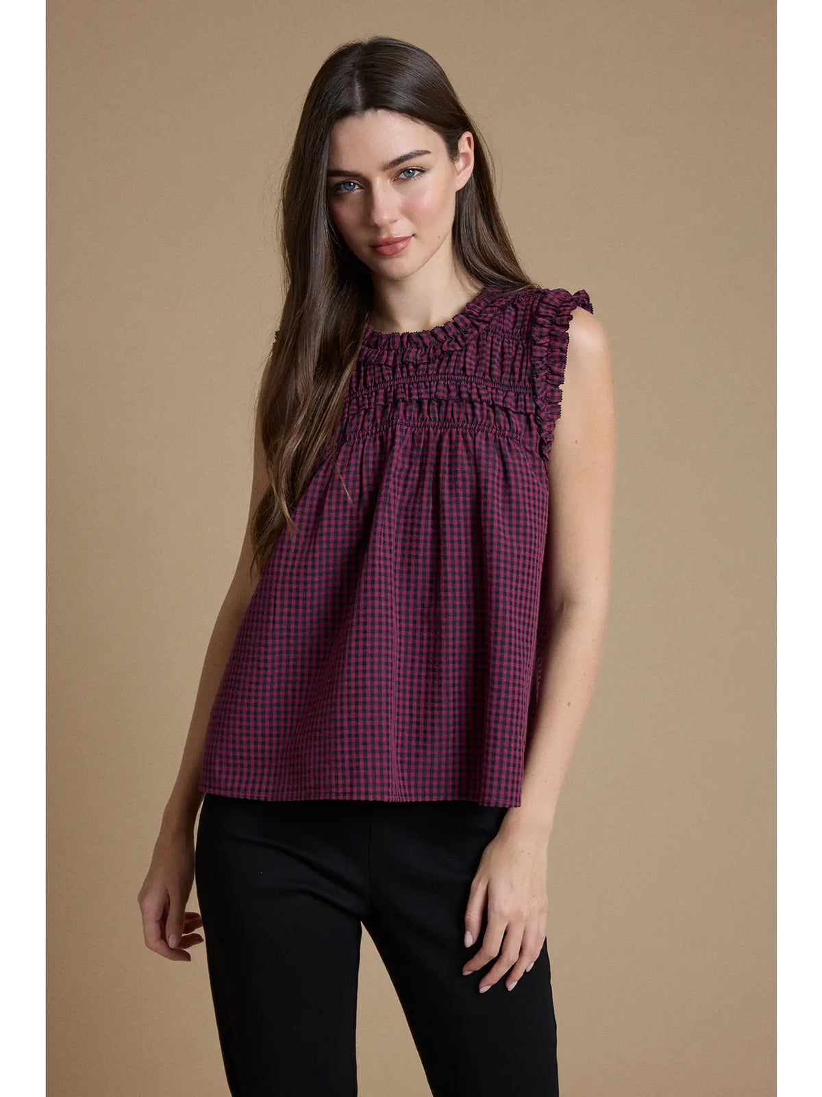 Smocked Ruffle Gingham Sleeveless Top