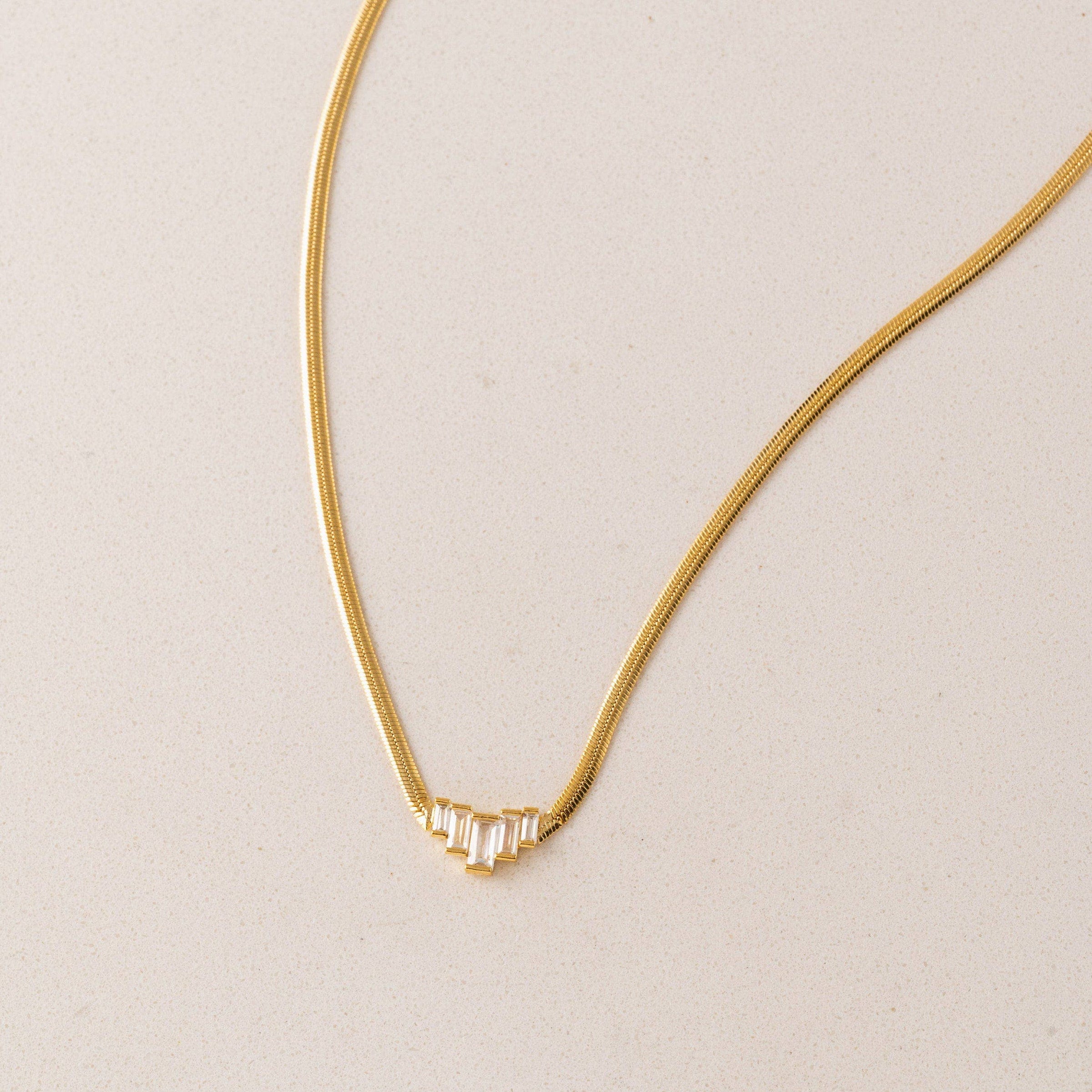 Clarice Necklace | Baguette Pendant | Herringbone Chain