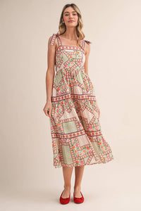 Exclusive Floral Patchwork Tie Strap Midi Dress