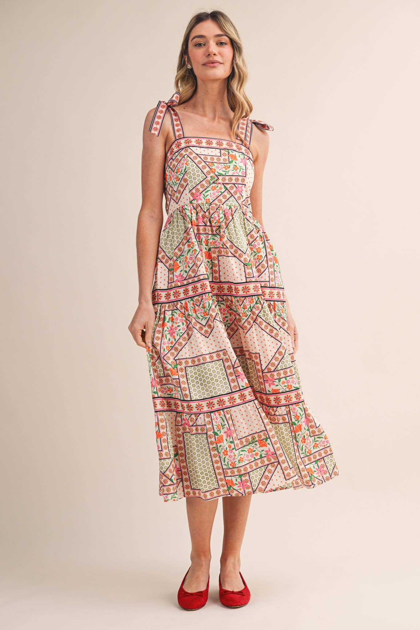 Exclusive Floral Patchwork Tie Strap Midi Dress