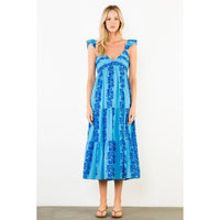 Flutter Sleeve Patterned Print Midi Dress