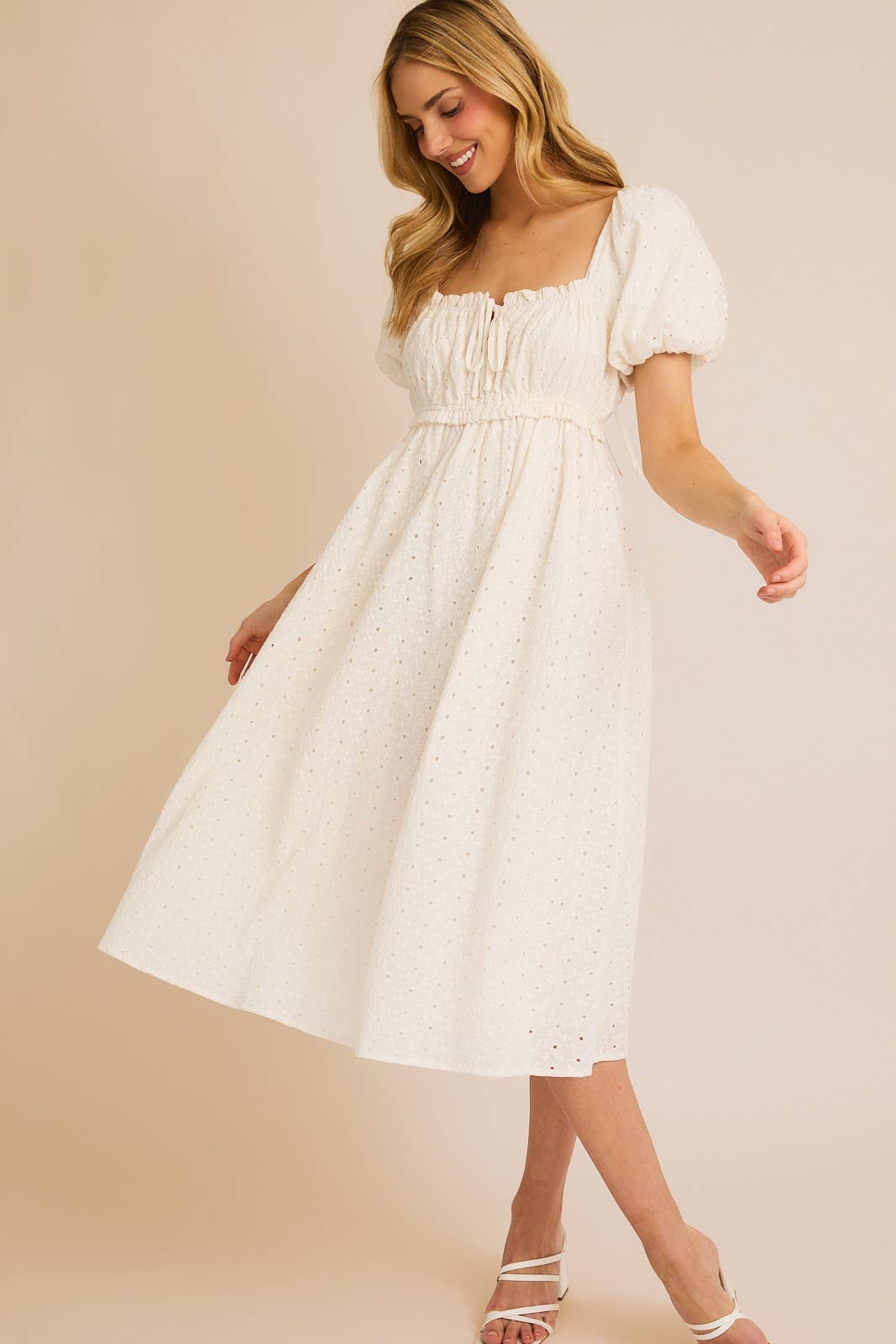 PUFF HALF SLEEVE EYELET MIDI DRESS