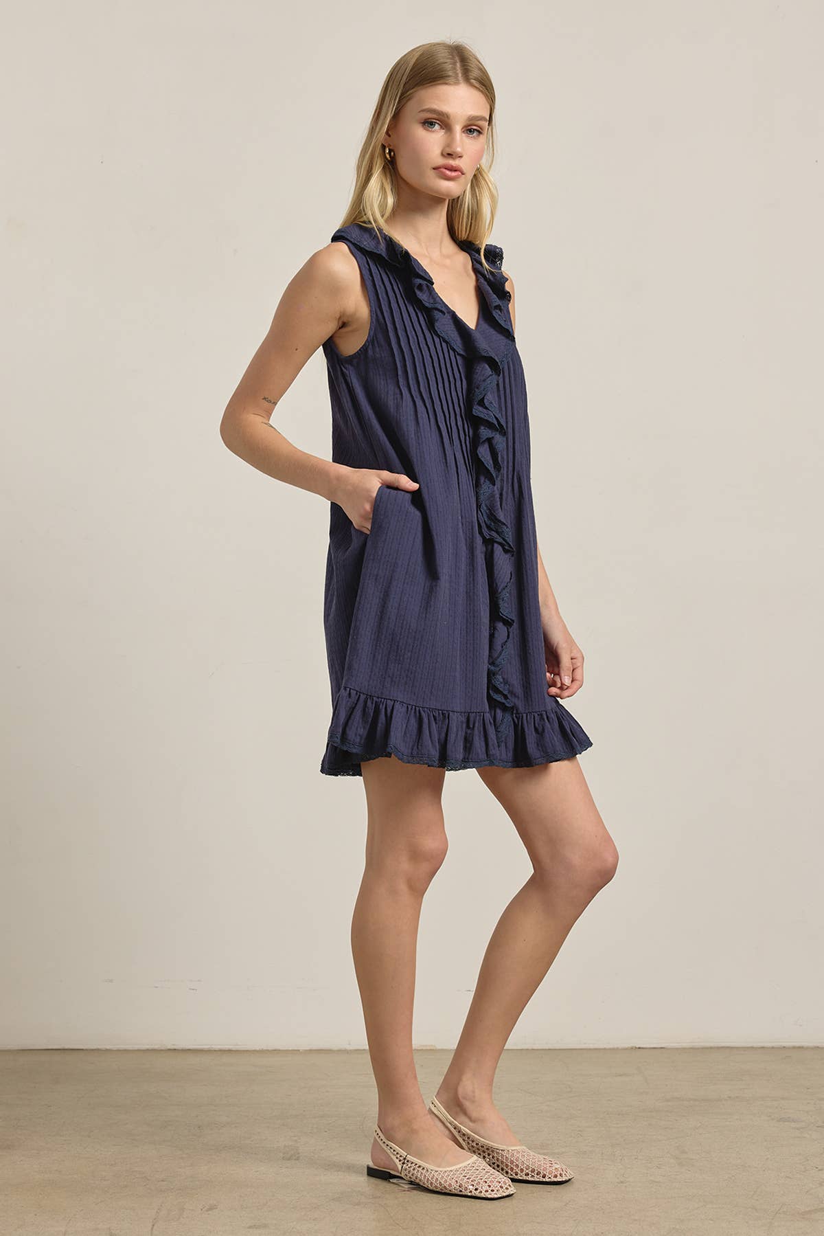 Ruffle Trim Pintuck Dress with Slip Lining