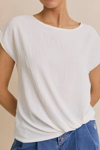 SOLID WOVEN TEE WITH FRONT KNOT DETAIL
