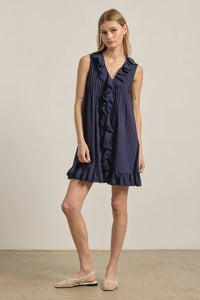 Ruffle Trim Pintuck Dress with Slip Lining