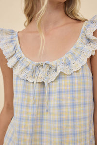 Plaid Embroidered Lace Ruffle Mini Dress