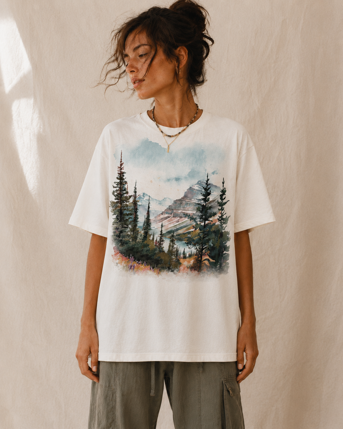 Wild Horizon Mountain Scene Cream T-Shirt