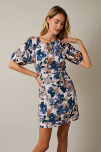 FRONT SPAGHETTI TIE BACK ELASTIC FLORAL PRINT MINI DRESS