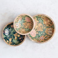 Decorative Enameled Mango Wood Bowls with Floral Design