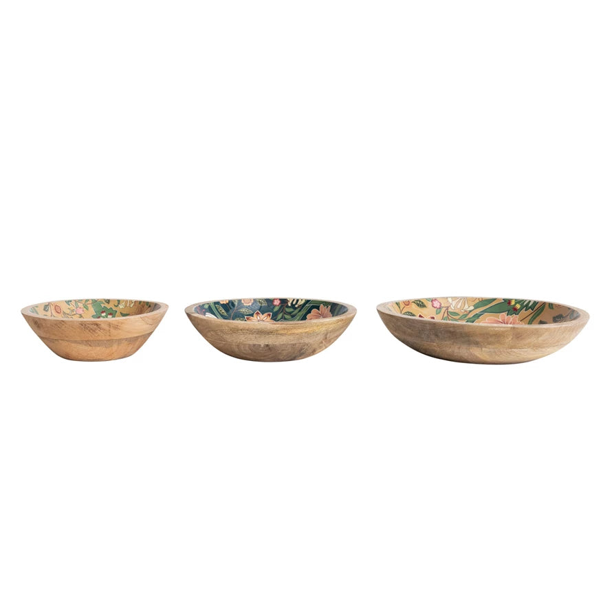 Decorative Enameled Mango Wood Bowls with Floral Design