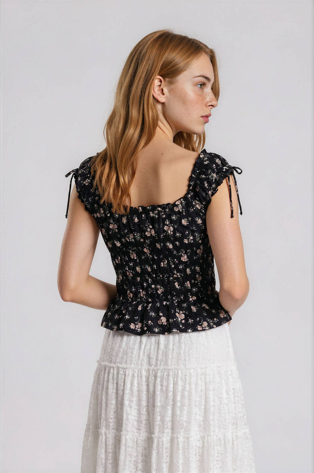 Floral Front Tie Shirred Waist Ruffled Top