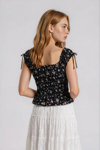 Floral Front Tie Shirred Waist Ruffled Top