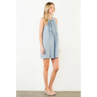 Sleeveless Button Pintuck Denim Dress