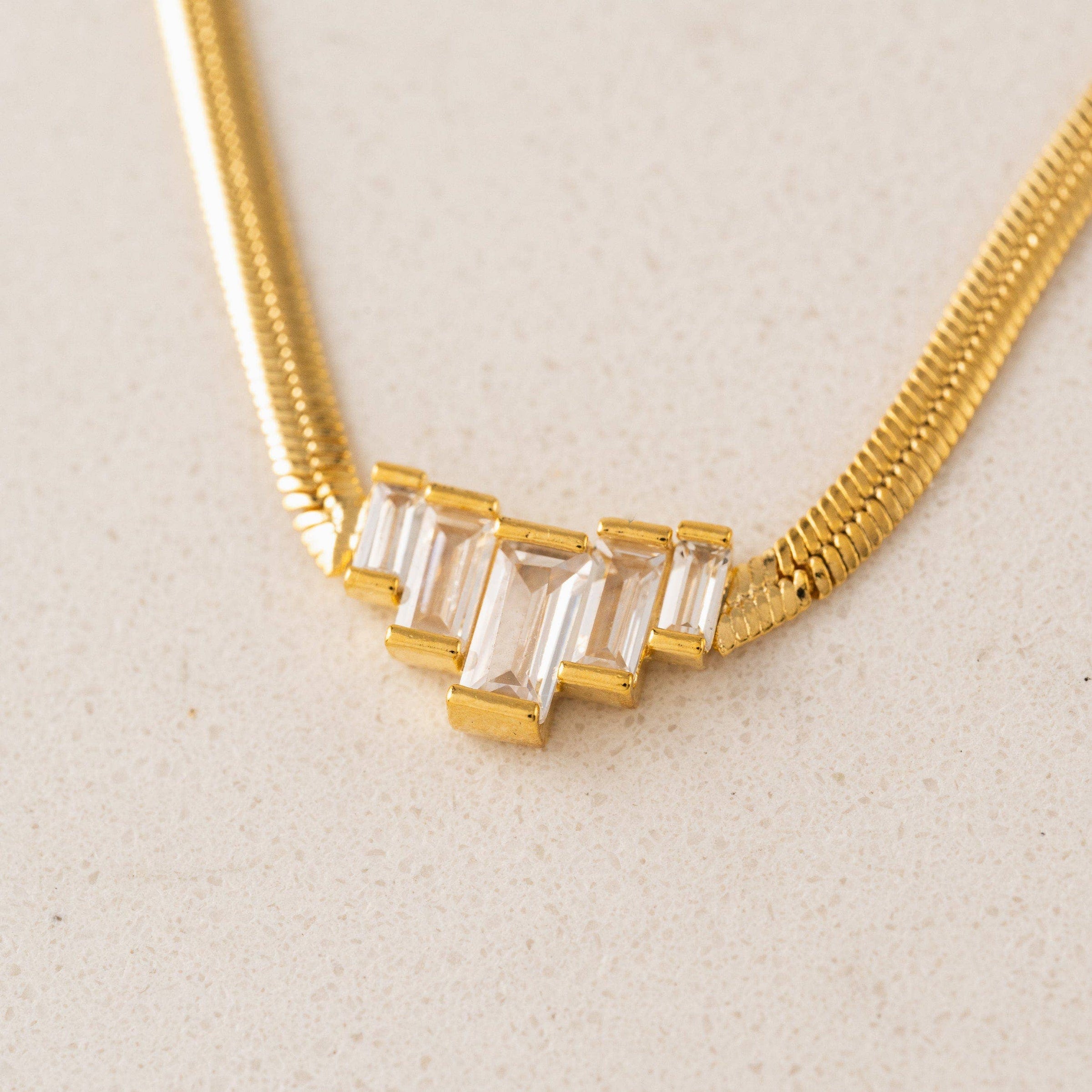 Clarice Necklace | Baguette Pendant | Herringbone Chain