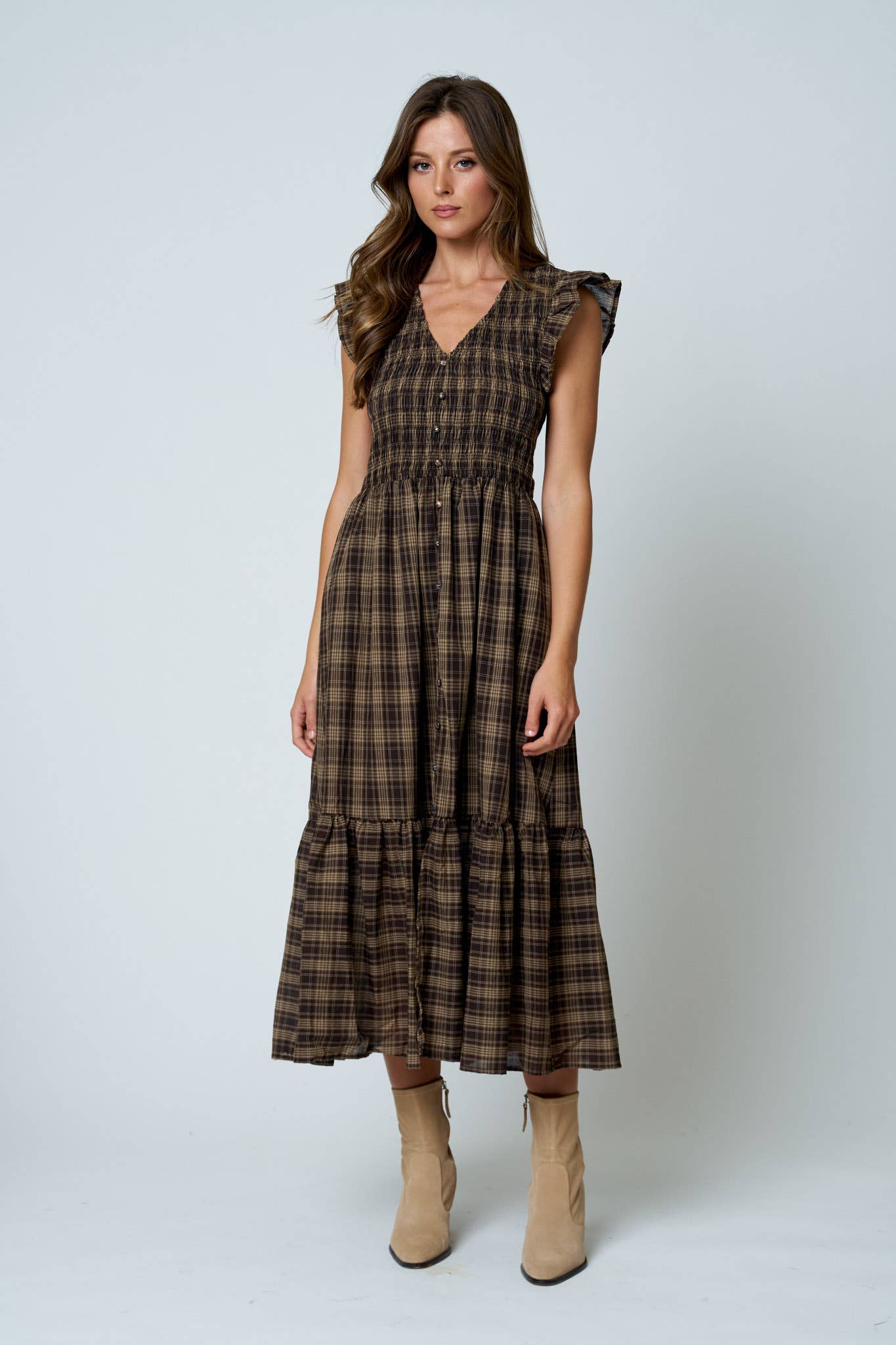 Plaid Smocked V-Neck Button Down Ruffled Midi Dress