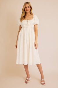 PUFF HALF SLEEVE EYELET MIDI DRESS