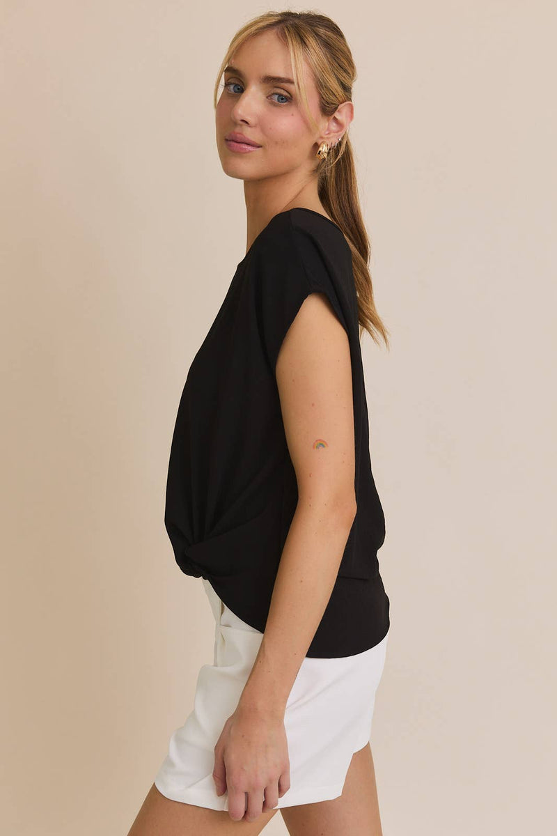 SOLID WOVEN TEE WITH FRONT KNOT DETAIL