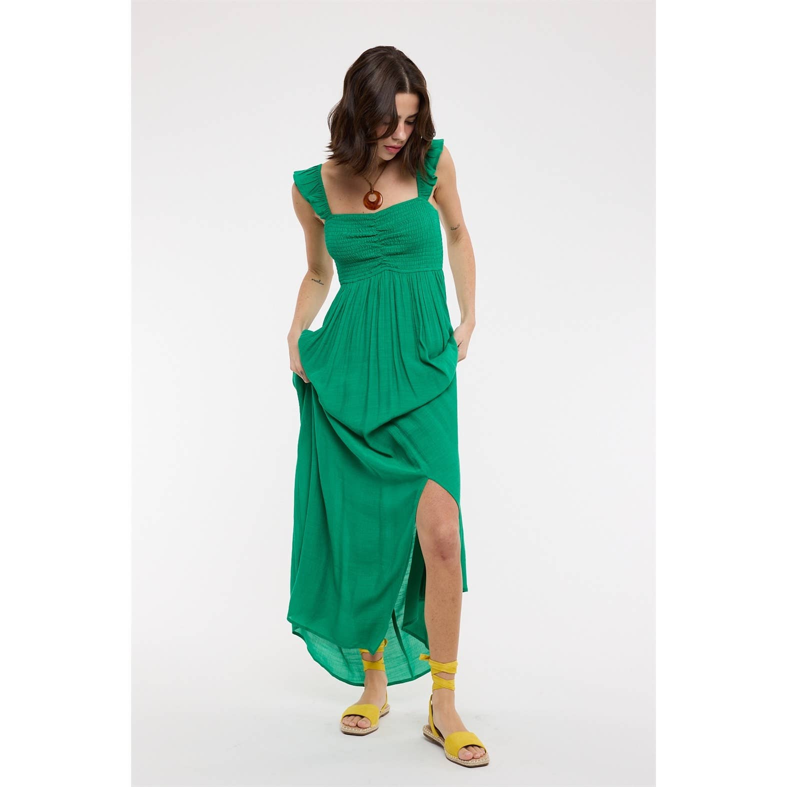 Ruffle Sleeve Front Slit Maxi Dress