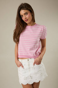 HALF SLEEVE CREW NECK PUFF STRIPED SWEATER TOP