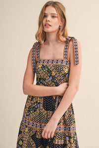 Exclusive Floral Patchwork Tie Strap Midi Dress