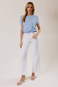 HALF SLEEVE CREW NECK PUFF STRIPED SWEATER TOP