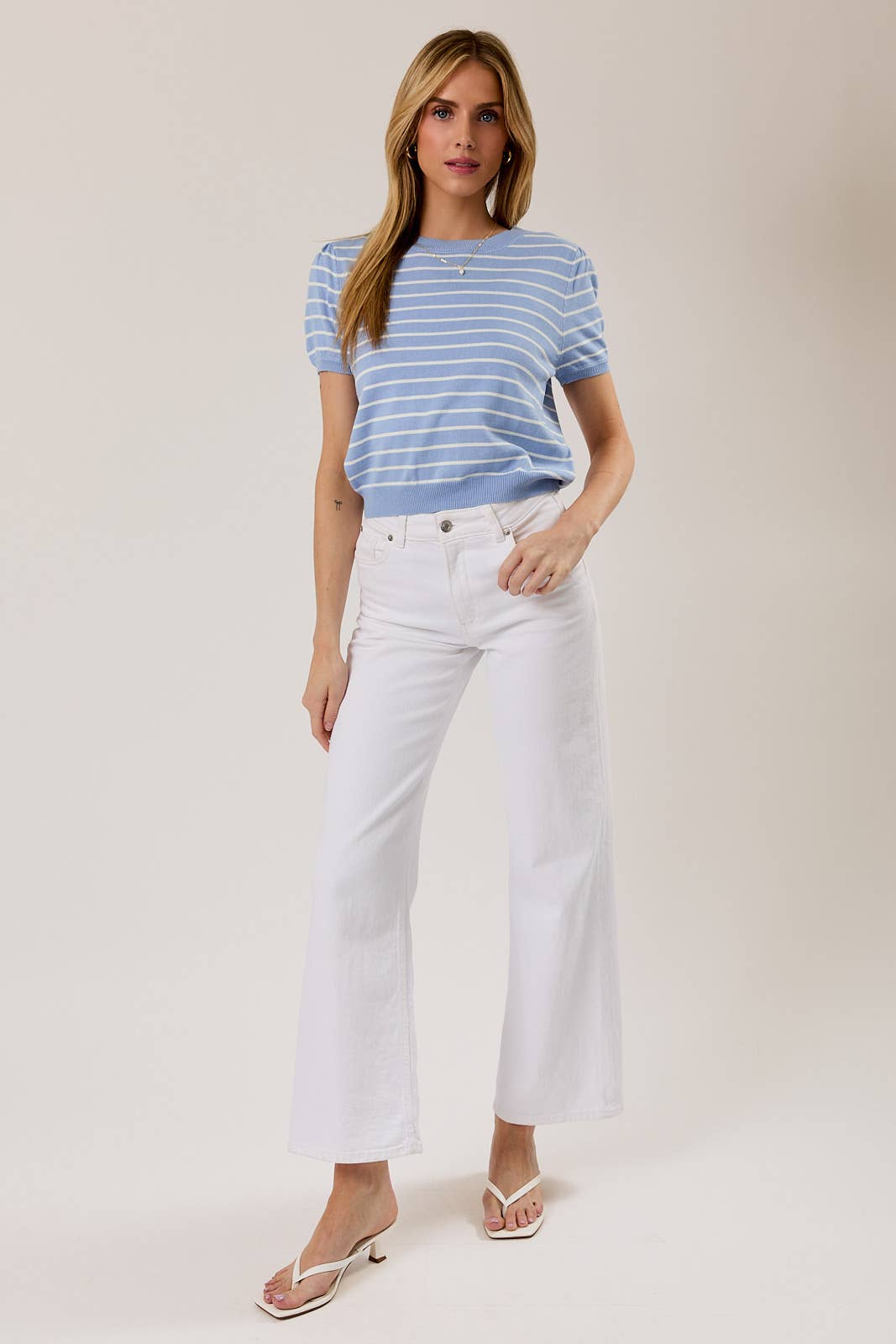 HALF SLEEVE CREW NECK PUFF STRIPED SWEATER TOP