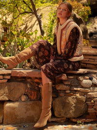 Patchwork Floral Print Vest with Faux Sherpa Lining