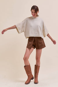 Marled Knit Mock Neck Short Sleeve Sweater