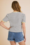 ROUND NECK PUFF HALF SLEEVE STRIPE RIBBED TOP