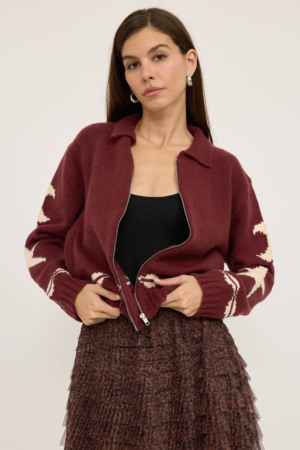 Cozy Pattern Zip Sweater Jacket