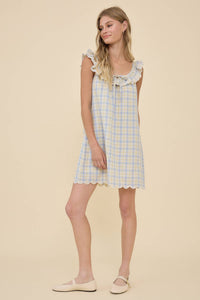 Plaid Embroidered Lace Ruffle Mini Dress