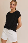 SOLID WOVEN TEE WITH FRONT KNOT DETAIL