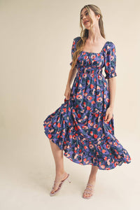 Puff Sleeve Floral Print Midi Dress