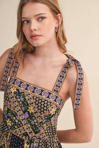 Exclusive Floral Patchwork Tie Strap Midi Dress