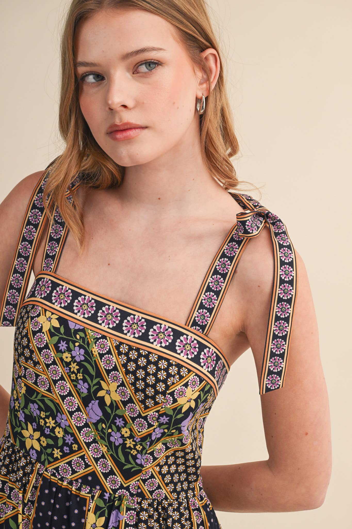 Exclusive Floral Patchwork Tie Strap Midi Dress