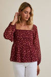 SQUARE NECK PUFF LONG SLEEVE SMOCKING BACK DITSY TOP