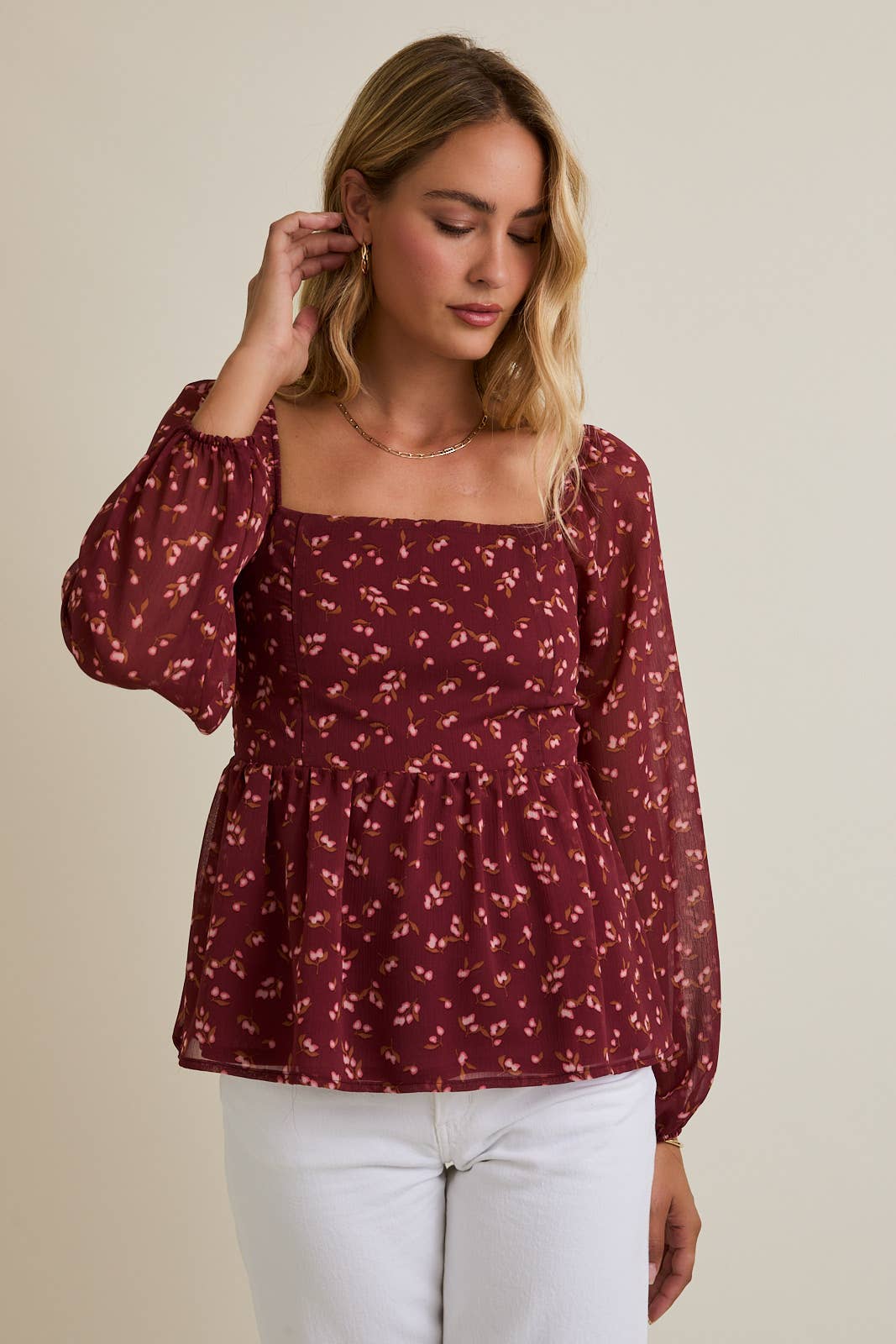 SQUARE NECK PUFF LONG SLEEVE SMOCKING BACK DITSY TOP