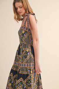 Exclusive Floral Patchwork Tie Strap Midi Dress