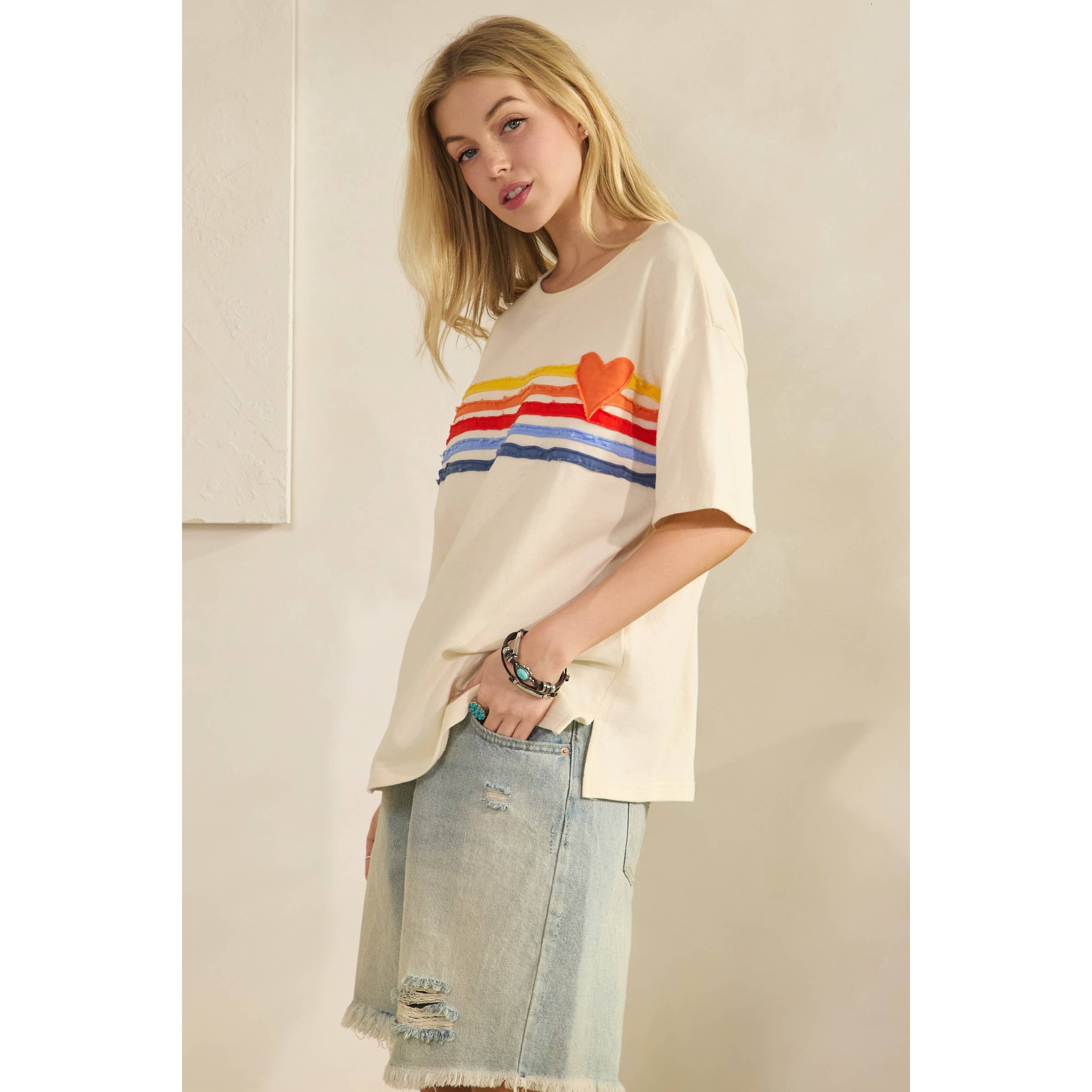Retro Rainbow Stripe Distressed Tee