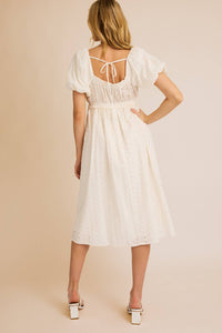 PUFF HALF SLEEVE EYELET MIDI DRESS